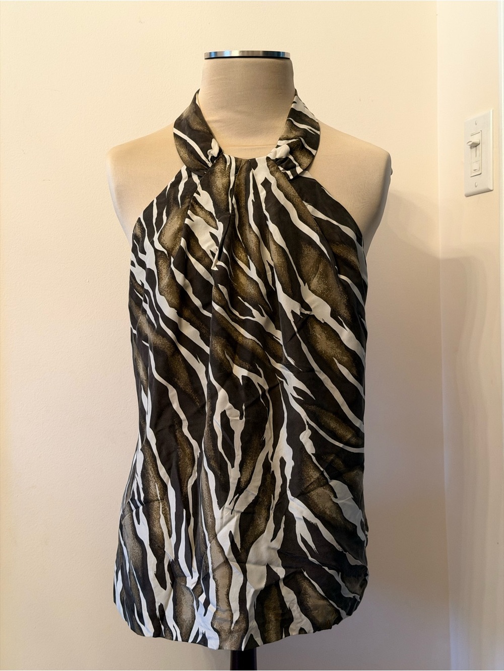 Ellavie 100% Silk Green Brown camo Zebra Halter Tank Top size 14 Anthropologie